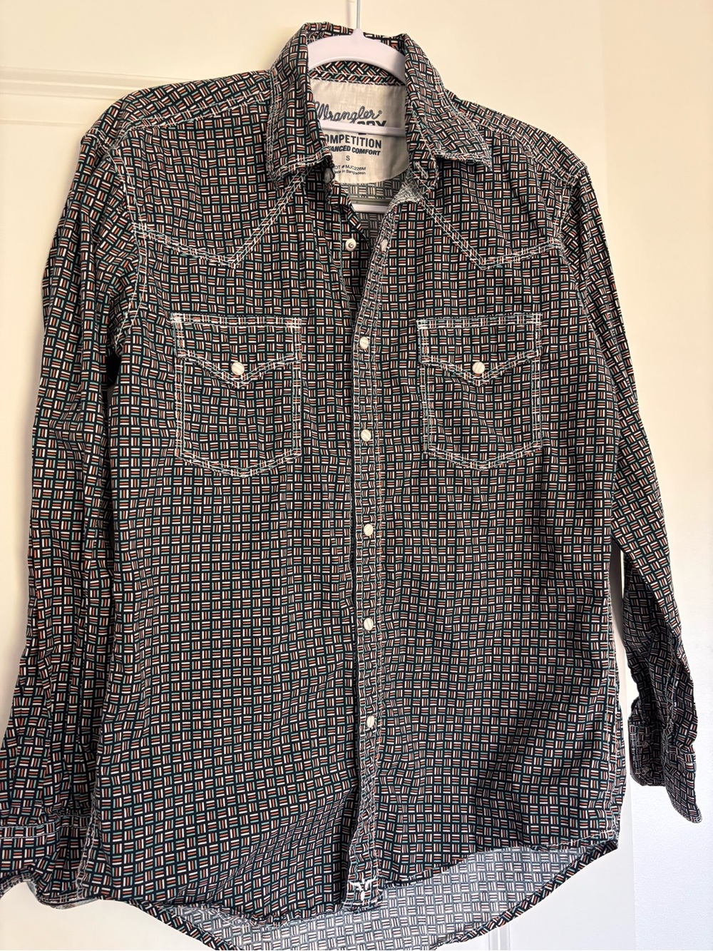 Wrangler Button-Up Shirt in Navy with Orange & White Grid